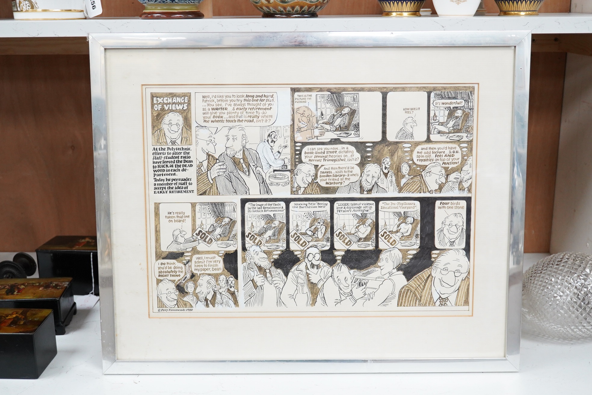 Posy Simmonds (b.1945), heightened ink cartoon, 'Exchange of views', signed and dated 1980, 30 x 43cm. Condition - fair